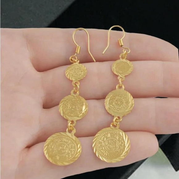 Hanging Earrings, 24k Golf Filled Coin Earrings, Lira Earrings, Arab Jewelry-New - Picture 2 of 7